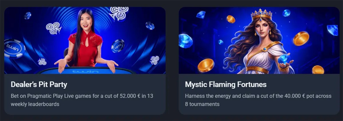 Casino promotions section featuring two cards: “Dealer’s Pit Party” with live game leaderboards and a €52,000 prize pool, and “Mystic Flaming Fortunes” with a €40,000 tournament prize pool, both displayed with vibrant character artwork on a dark background.