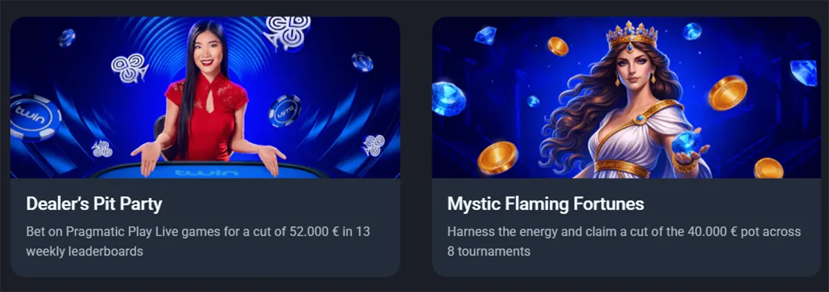 Casino promotions section featuring two cards: “Dealer’s Pit Party” with live game leaderboards and a €52,000 prize pool, and “Mystic Flaming Fortunes” with a €40,000 tournament prize pool, both displayed with vibrant character artwork on a dark background.