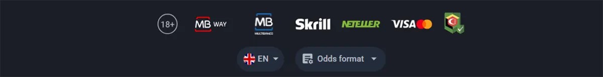 Casino footer showing 18+ age restriction icon, payment method logos including MB Way, Multibanco, Skrill, Neteller, and Visa, plus language selection (EN) and odds format dropdown on a dark background.
