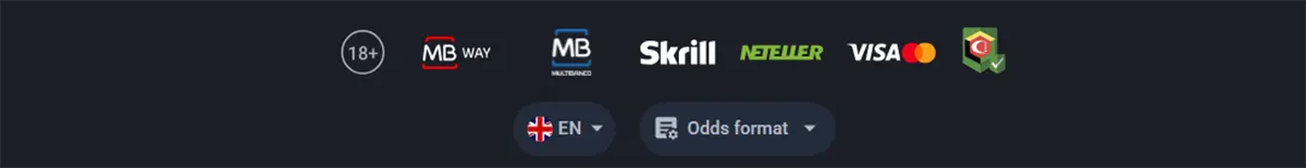 Casino footer showing 18+ age restriction icon, payment method logos including MB Way, Multibanco, Skrill, Neteller, and Visa, plus language selection (EN) and odds format dropdown on a dark background.
