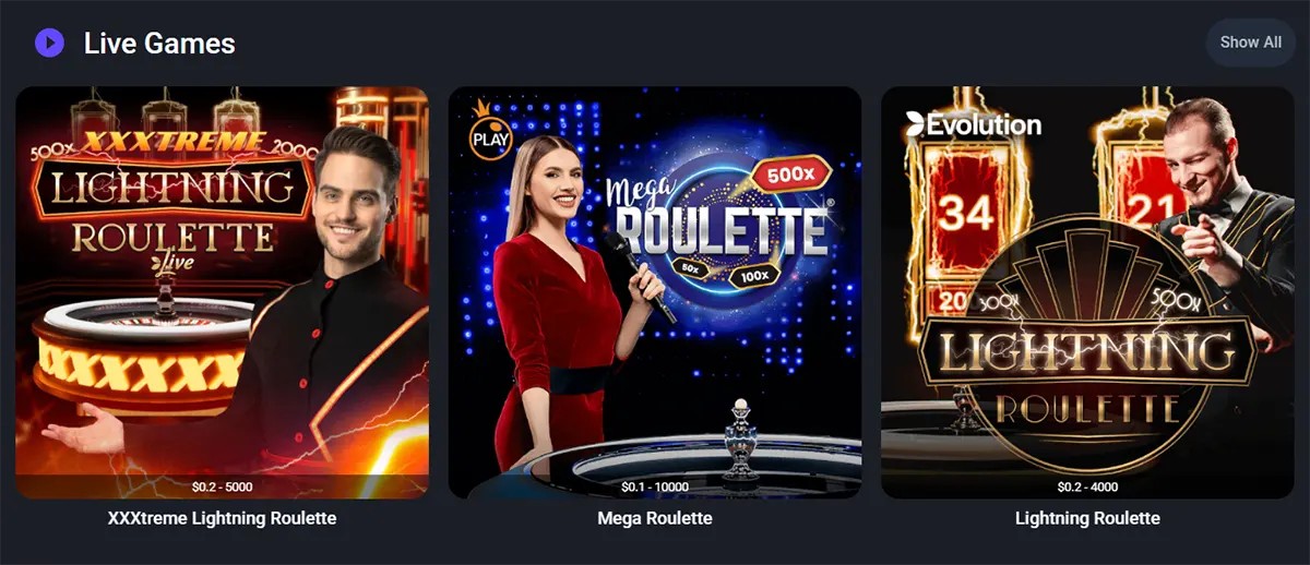 Casino live games section displaying XXXtreme Lightning Roulette, Mega Roulette, and Lightning Roulette with live dealer visuals and game tables on a dark-themed interface.