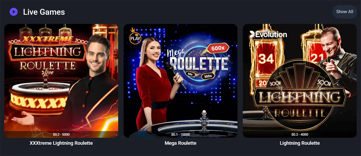 Casino live games section displaying XXXtreme Lightning Roulette, Mega Roulette, and Lightning Roulette with live dealer visuals and game tables on a dark-themed interface.
