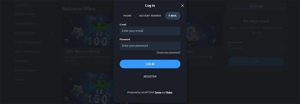 Casino login popup with tabs for phone, account number, and email, featuring fields for email and password, a “Forgot your password?” link, and a blue “Log In” button with a registration option below on a dark interface.