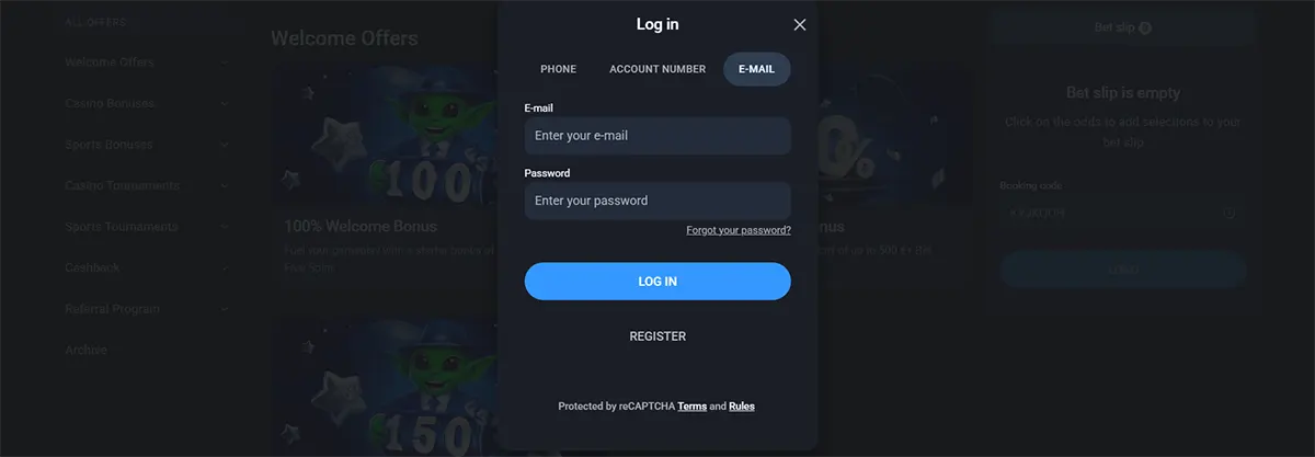 Casino login popup with tabs for phone, account number, and email, featuring fields for email and password, a “Forgot your password?” link, and a blue “Log In” button with a registration option below on a dark interface.